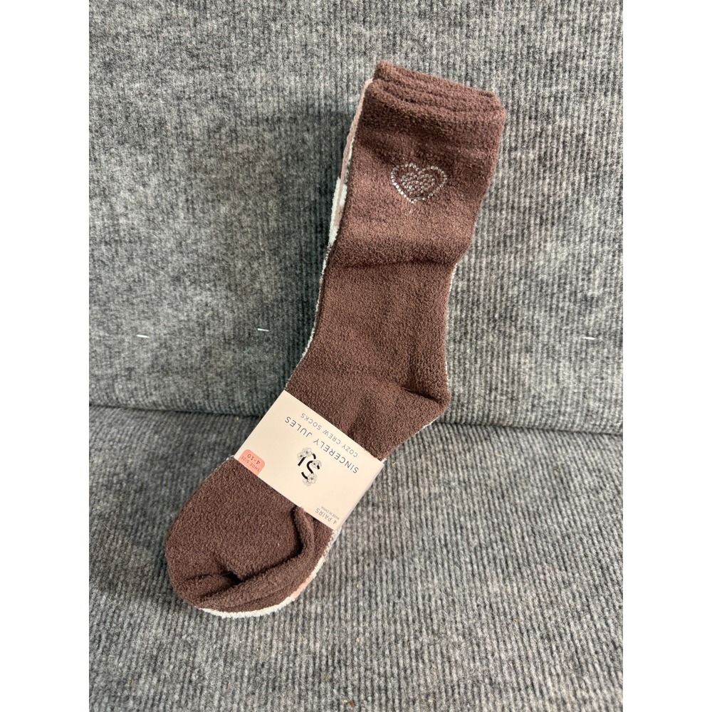 Sincerely Jules 4 Pack Cozy Crew Socks Brown Heart Rhinestone Fuzzy Size 4-10